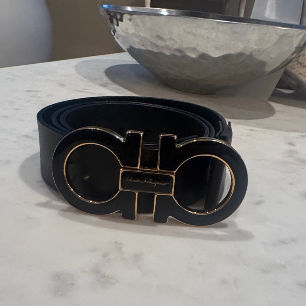 Salvatore Ferragamo Black Leather Belt with Gold Accent authentic and worn once